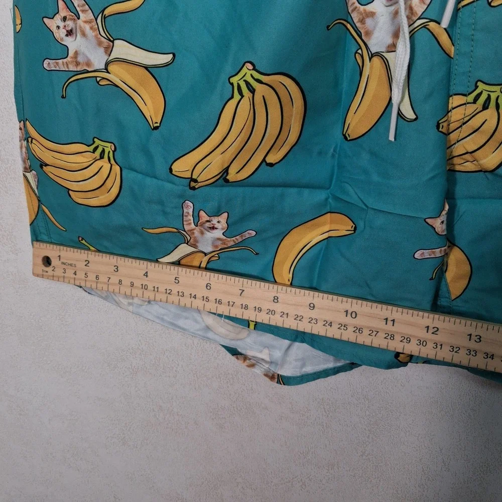 ZenGents‎ Swim Trunks Mens Large Green Banana Cat Print Mesh Liner Shorts